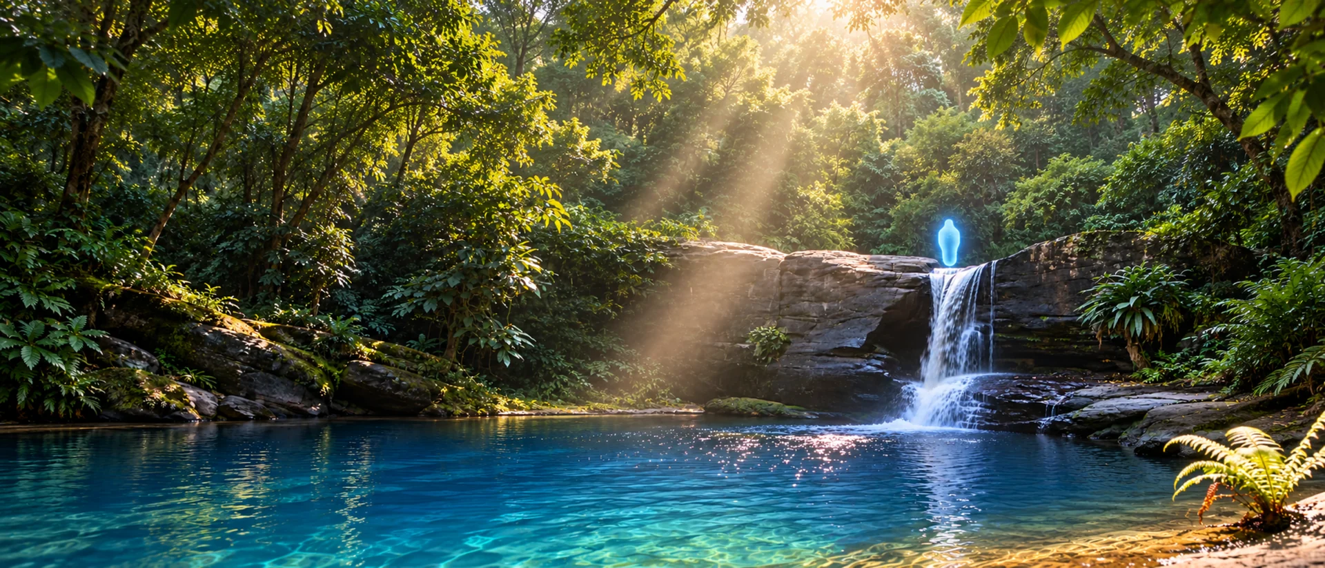 BHVD’s electric-blue figure above a sunlit waterfall and a clear blue pool