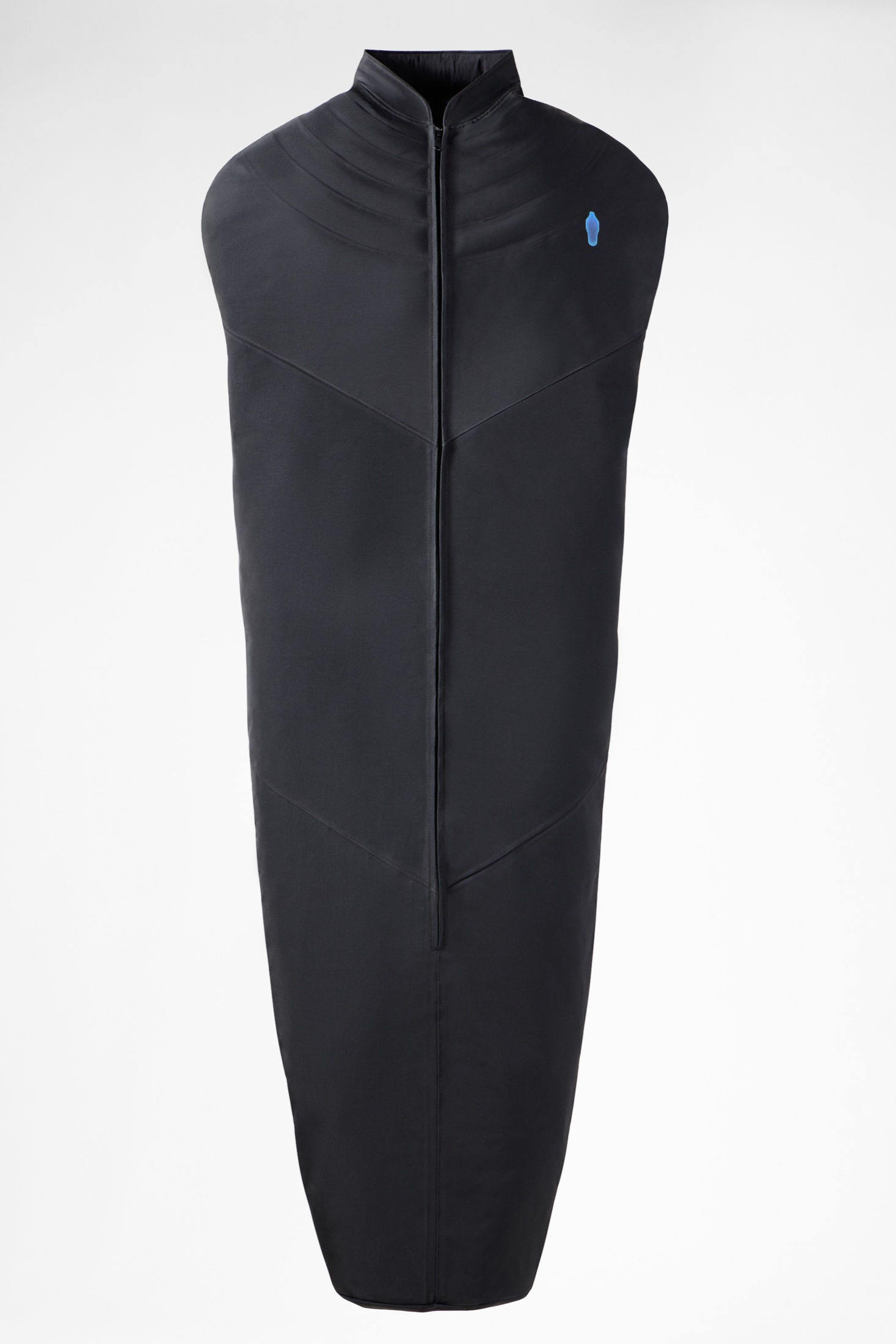 The complete Ice Sack: a full-body black shell with a central zipper and blue chest mark